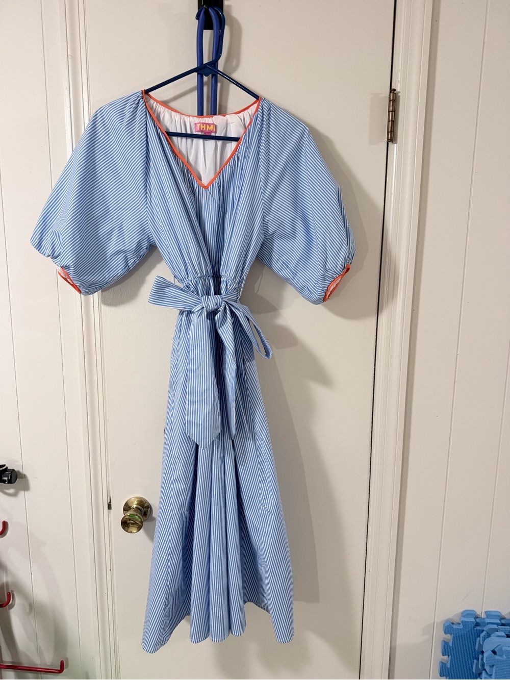 THML Blue Pinstripe Midi Dress with Orange Trim